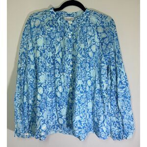 Olivia James Small S Blue Floral Cotton Button Front Top Coastal Boho Resortwear